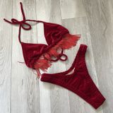 Stardust Swim Bikini velvet fringe high cut thong womens Red medium beach retro Photo 0