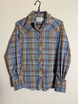 Wrangler 80s Wrangler blue, metallic, brown, and white plaid western shirt Photo 0