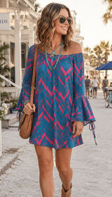 2B Together Boho Chevron Off Shoulder Bell Sleeve Mini Dress Made USA Photo 0