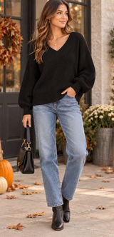 Zenana Black Waffle Knit V-Neck Balloon Sleeve Sweater TW-3418AB Medium Photo 0