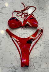 White Fox Swim Red Swirl‎ Pattern String Bikini Swimsuit Size Medium Photo 0