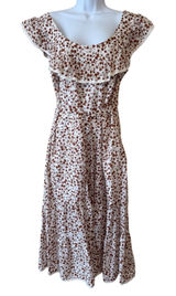 RIXO Floral Midi‎ Dress Cotton Ruffle Neck Tie Waist Cottagecore Women M Tiered Photo 0