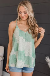 Heyson Women's Medium Floral Patchwork Tank Top Mint‎ Green Sleeveless V-Neck Photo 0