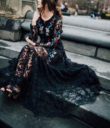 Sachin & Babi Noir Dream Embroidered Lace Trumpet Dress Black Floral Gown 14 Photo 0