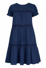 Women's Navy Blue Tiered Boho Dress Lace Babydoll Cottagecore Peasant Midi Dress Photo 0