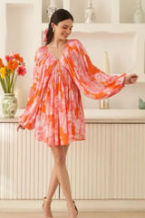 Endless Rose Pink & Orange Floral V-Neck Puff-Sleeve Mini Dress Girly Night Out Photo 0