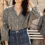 Doen O’Keeffe Blouse Prancing Fawn Floral Cotton Blue Cream Small‎ NWT Photo 0