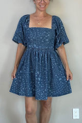 NWT Avec Les Filles Swirling Hearts denim puff sleeve babydoll minidress bow S Photo 0