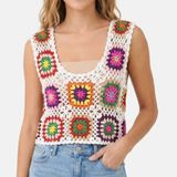 Crochet Granny Square Crop Top Boho Festival Knit Vest Multicolor Size Small‎ Photo 0