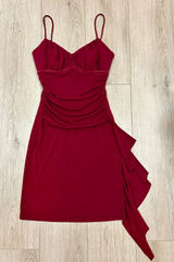 Papaya Burgundy Ruched Bodycon Mini‎ Dress Side Ruffle Spaghetti Strap Red Small Photo 0