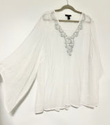 Alfani Boho 22W White Silver Sequin Beaded V-Neck Kimono Sleeve Tunic Top Womens Photo 0