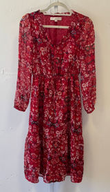 Loft Red Floral Swiss Dot Midi Dress Long Sleeve Button Front V-Neck XS Red Photo 0