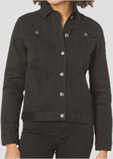 Black Denim Trucker Jacket Womens Large Fitted Button Up Grunge Goth Streetwear Photo 0