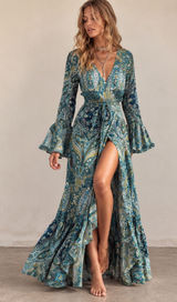 R.Vivimos Paisley Maxi Dress Cardigan Tie Front Bell Sleeve Duster Teal S Photo 0