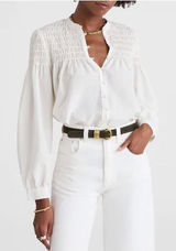 Madewell Smocked Top in Cotton Silk Blend Button Front Shirt Cream Blouse‎ Large Photo 0