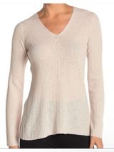 Vince‎ Medium V-neck ribbed wool cashmere blend sweater cream beige sheer Photo 0