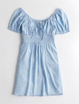 Hollister Blue Swiss Dot Puff Sleeve‎ Ruched Coquette Mini Dress Small Photo 0