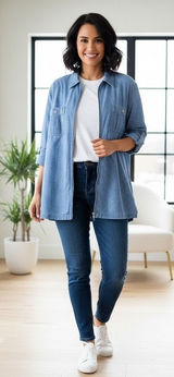Vintage Womens Size 22/24W Denim Blue Plaid Zipper Front Shirt‎ Jacket 90s Boho Photo 0