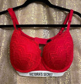 Victorias Secret Bright Red Lace T Shirt Push Up Bra Full Coverage Bra 32DD Photo 0