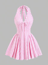 Plaid Halter Neck tie dress -Pink Photo 0