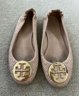 Tory Burch Beige Quilted Ballet Flats with Gold Logo Photo 0