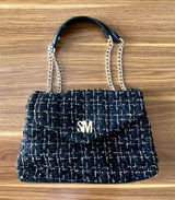 Steve Madden Bledger Tweed Shoulder Bag Black and Gold Classic Glam Luxury Look Photo 0