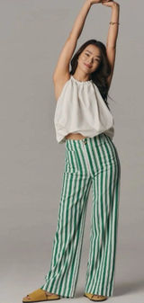 Anthropologie Maeve Colette Striped High Rise Linen Blend Wide Leg Pants Size 30 Photo 0