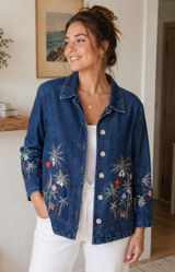 NEW Vintage Blue Jean Jacket Embroidered Palm Trees tropical resort cruise vacay Photo 0