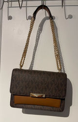Michael Kors Brown Logo-Print Shoulder Bag with Light Brown Accent and Gold Chain Photo 0