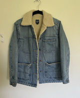 GAP Patch Pocket Sherpa Denim Jacket Chore Coat Barn Style Xs Petite Oversized Photo 0