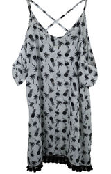 Miken Swim Cold Shoulder‎ Swim Cover Up Women M White Flamingo Tassel Coastal Photo 0