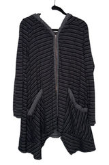 Free People Striped Thermal Hoodie Women Medium Black Zip Up Handkerchief Hem EX Photo 0