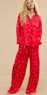 Aerie Off-Duty Satin Pajama Bottoms in Red Bow Size Medium Preppy Trendy Photo 0