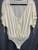 Free People Bodysuit Womens Medium Ivory Cleo Draped Split Neck Short Sleeve B55 Photo 0