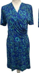 VTG 70s Bessi Firenze Blue Green Floral Silk Faux Wrap Surplice‎ Dress Mod Small Photo 0