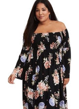 Torrid‎ Plus Sz 2X Maxi Dress Off Shoulder Black Floral Smocked Bell Sleeve 1214 Photo 0