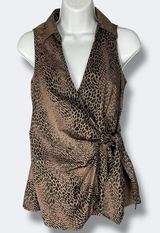 Guess Wrap Top Animal Print‎ Women Small Brown Black Leopard Sleeveless Blouse Photo 0