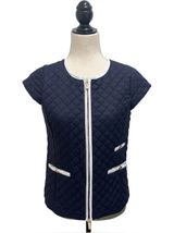 Patty Kim Navy Blue White Trim Quilted Zip Up Cap Sleeve Lightweight Vest XS Photo 0