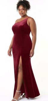 Azazie Kala Bridesmaid Dress A18 Plus Size Burgundy Wine One-Shoulder Velvet Photo 0