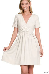 zenana faux wrap dress sand cream fit &‎ flare pockets casual surplice small Photo 0
