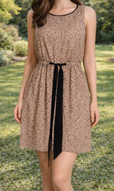 LOFT Petite XS Neutral Polka Dot Dress Tan Black Elastic Waist Lined Summer Mini Photo 0