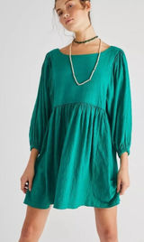 Free People Get Obsessed Babydoll Dress Puff Sleeve Emerald Green Boho Casual Photo 0