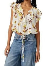 Free People Blouse Womens Small White Floral FP‎ One Adella Ruffle Boho Top Photo 0