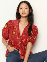 Anthropologie Farm Rio Giustina Lace Blouse Top Short Sleeve Floral Red XS Photo 0