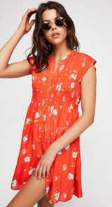 Free People Orange Floral Smocked Waist Button Front Mini Dress Cap Sleeve S Photo 0