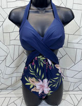 Cupshe One Piece‎ Swimsuit M Navy Blue Tropical Floral Wrap Halter Cutout NWT Photo 0