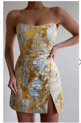 Showpo Bailey Mini Dress - Strapless in Blue Jacquard Photo 0