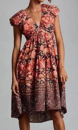 Anthropologie Printed Tie V-Neck Babydoll Dress Womens‎ Size 2 Rust Floral Photo 0
