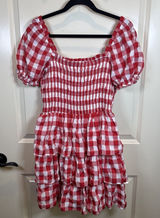 English Factory |Tuckernuck Gingham Puff Sleeve Tiered‎ Dress Medium Tomato Girl Photo 0