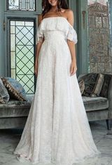 Theia Imelda off-the-shoulder embellished Chantilly Ivory lace bridal gown sz O Photo 0
